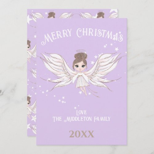 Merry Christmas Angel Dark Hair Lavender Holiday Card