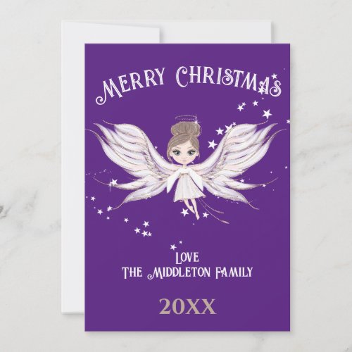 Merry Christmas Angel Dark Hair Purple Holiday Card