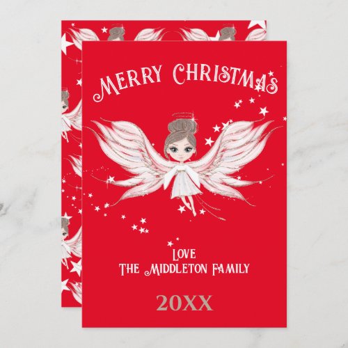 Merry Christmas Angel Dark Hair Red  Holiday Card