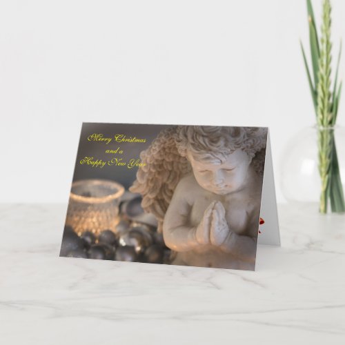 Merry Christmas Angel in Prayer Scene Holiday Card