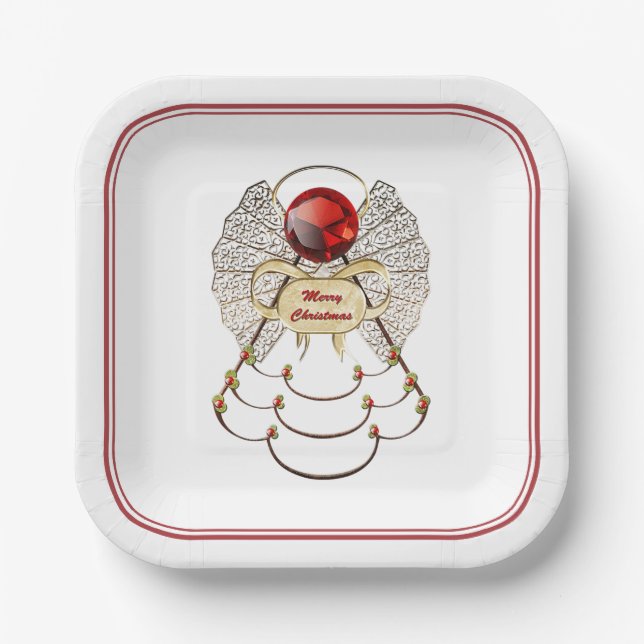 Merry Christmas Angel Red/Gold Filigree Paper Plates (Front)