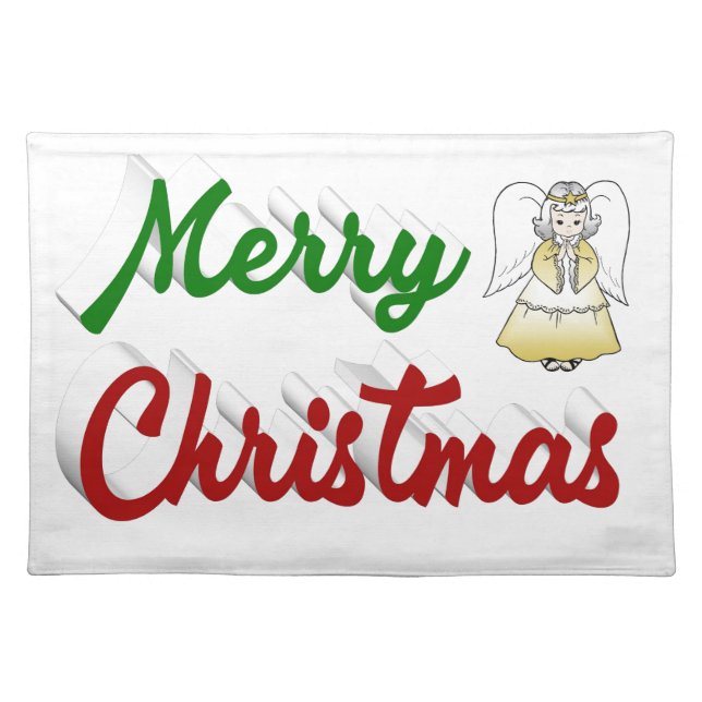Merry Christmas Angel red green script Cloth Placemat (Front)