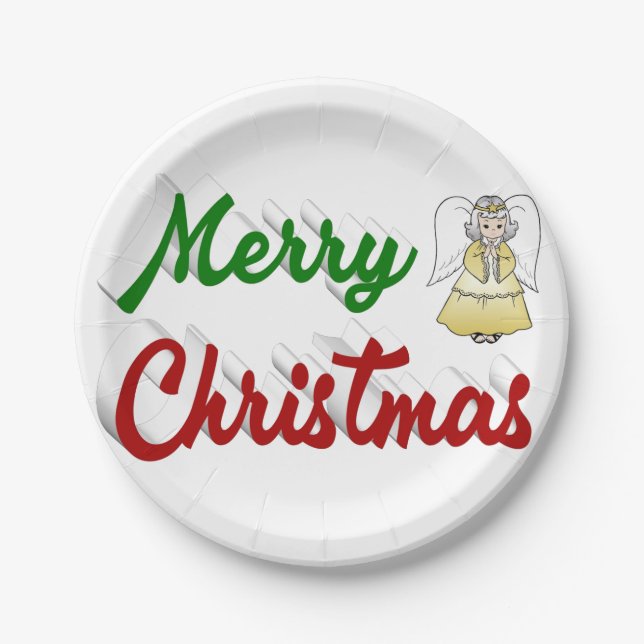 Merry Christmas Angel red green script Paper Plates (Front)