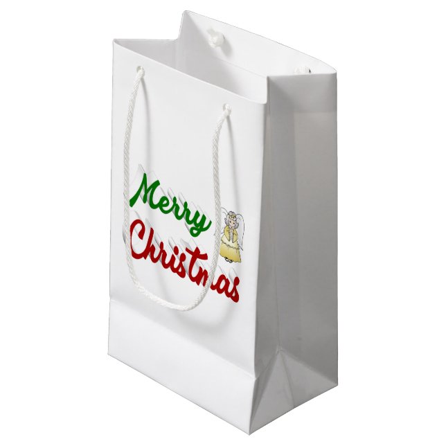 Merry Christmas Angel red green script Small Gift Bag (Front Angled)