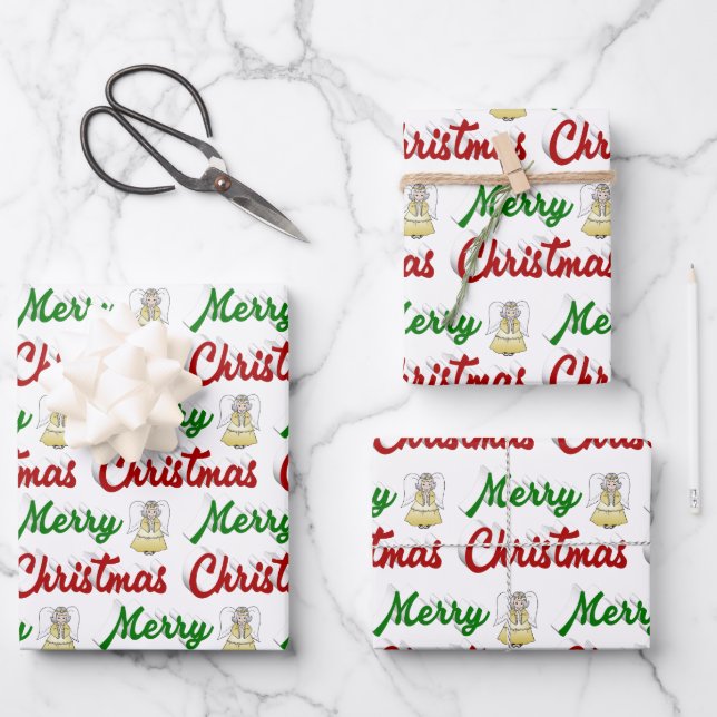 Merry Christmas Angel red green script Wrapping Paper Sheets (Front)