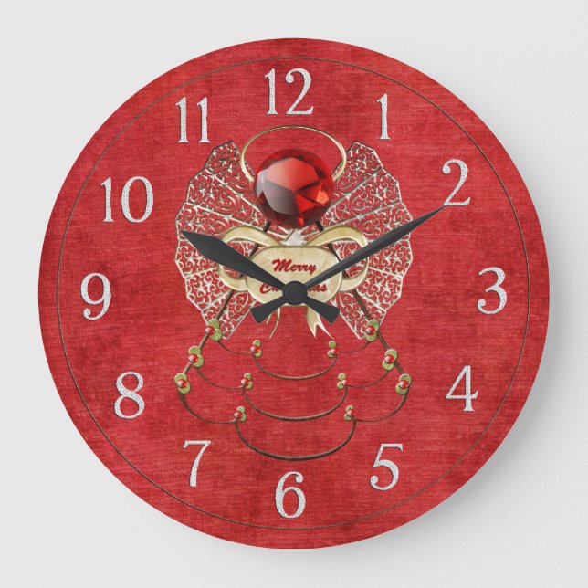 Merry Christmas Angel - Red Large Clock (Front)