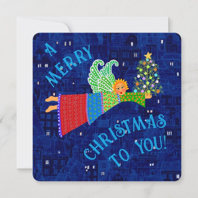 Merry Christmas Angel with Tree Flat Holiday Card (Front)