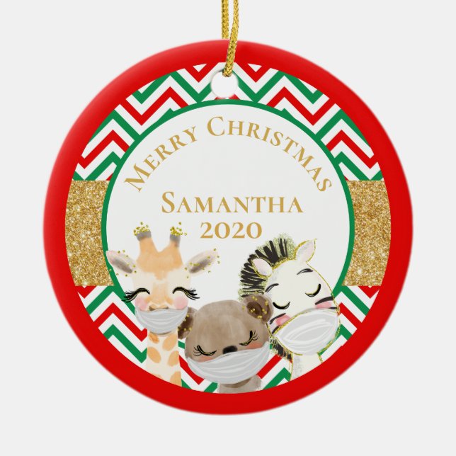 Merry Christmas Animals Face masks 2020 Custom Ceramic Ornament (Front)
