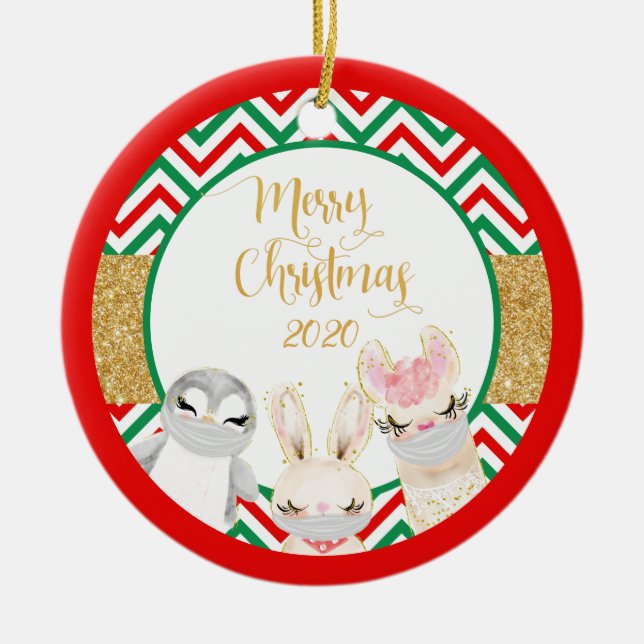 Merry Christmas Animals Face masks 2020 llama Ceramic Ornament (Front)