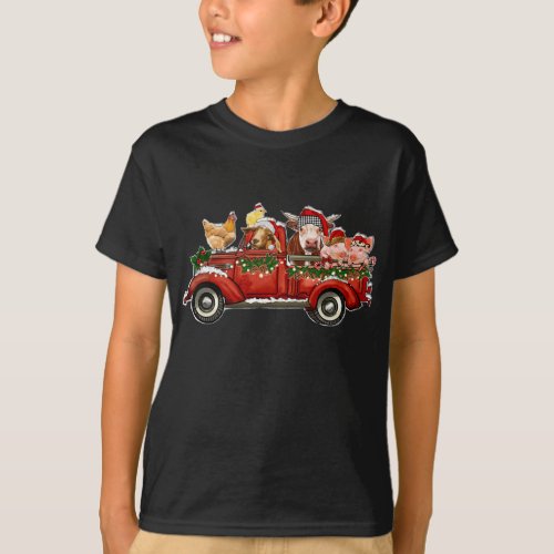 Merry Christmas Animals Farm Santa Red Truck Light T_Shirt