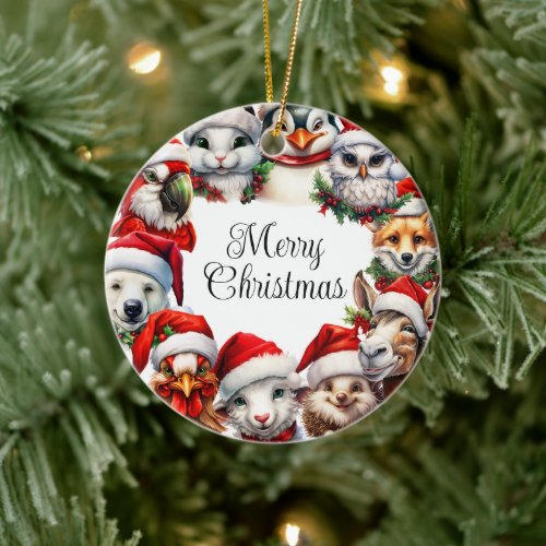 Merry Christmas Animals Santa Hat Ceramic Ornament