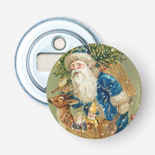 Merry Christmas, Antique Card, Santa and Reindeer Bottle Opener (Front)