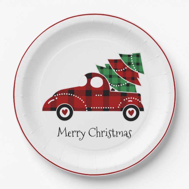 Merry Christmas Antique Red Truck Holiday Paper Plates (Front)