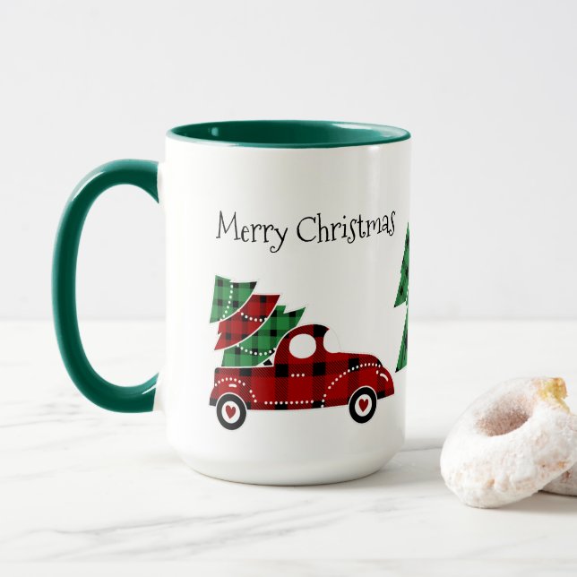 Merry Christmas Antique Red Truck Mug Green  (With Donut)