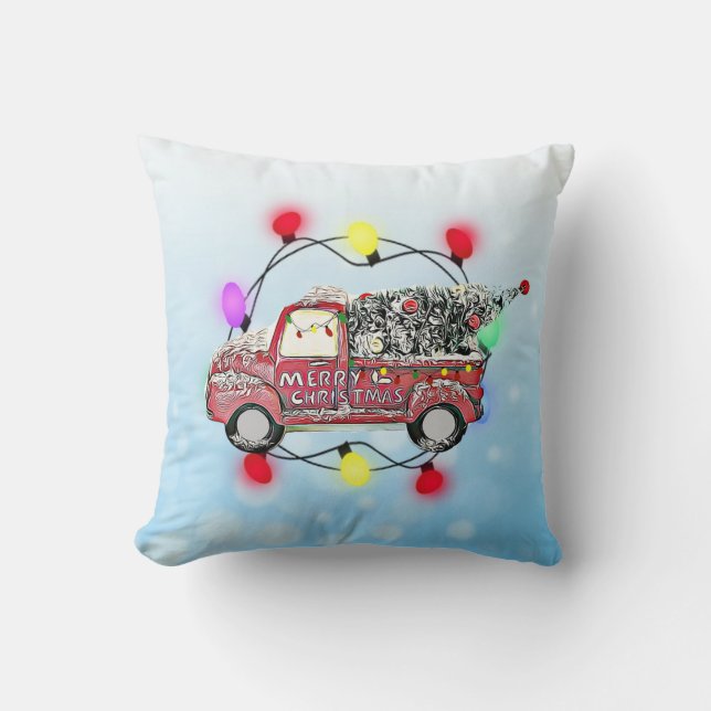 Merry Christmas Antique Truck with Christmas Tree Throw Pillow (Front)