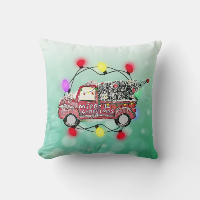 Merry Christmas Antique Truck with Christmas Tree Throw Pillow (Front)