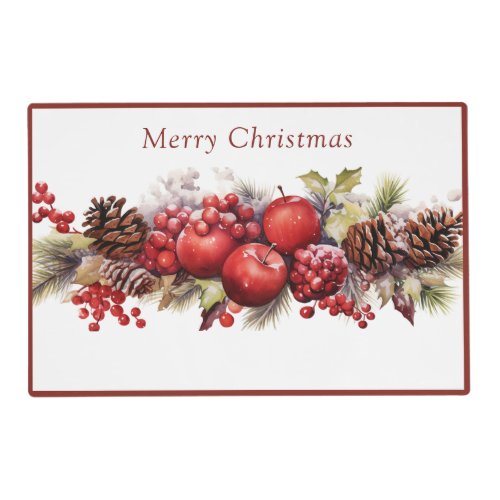 Merry Christmas Apples Pine Cones Holly Berries Placemat