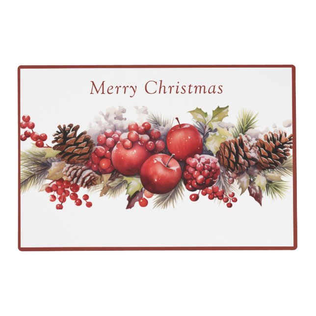 Merry Christmas Apples Pine Cones Holly Berries Placemat (Front)