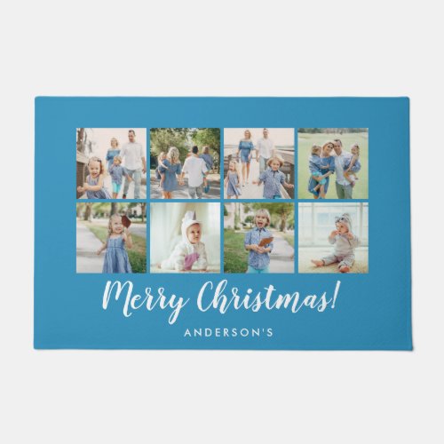 Merry Christmas Aqua Blue Photo Collage Doormat