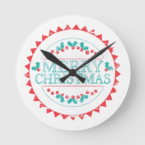 Merry Christmas Aqua  Red Chalk Stamp Typography Round Clock