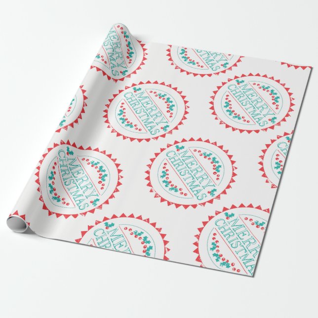 Merry Christmas Aqua & Red Chalk Stamp Typography Wrapping Paper (Unrolled)
