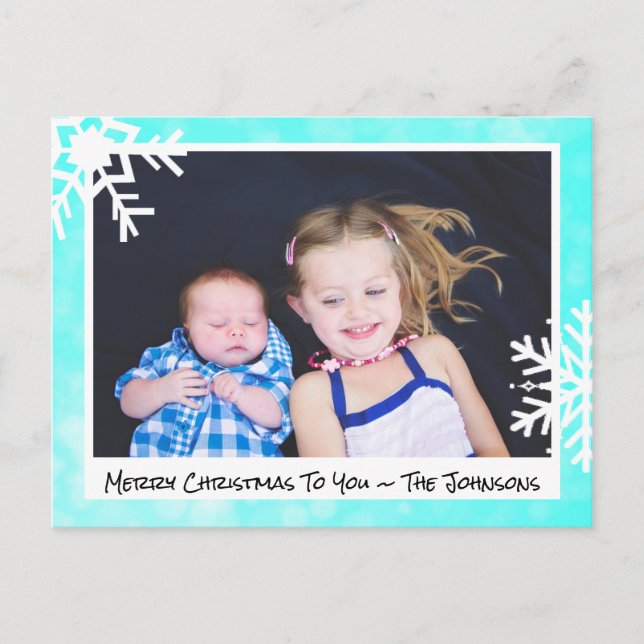 Merry Christmas Aqua Snowflakes Family Photo Card (Front)