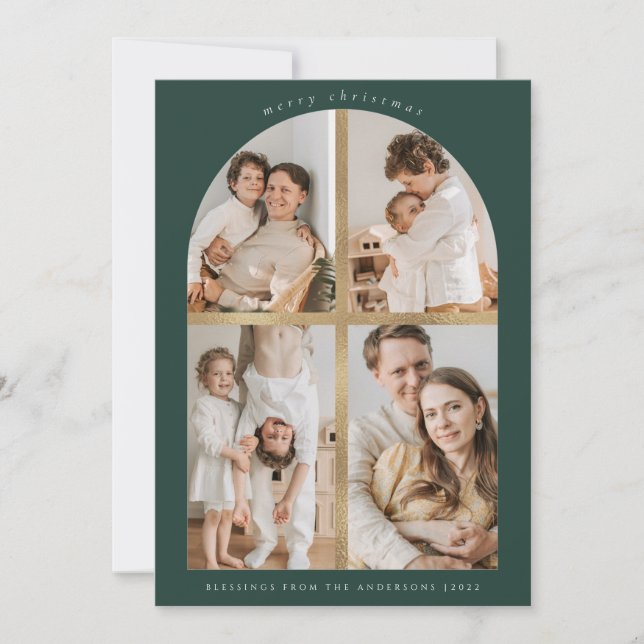 Merry Christmas Arch Cross Faux Gold Foil 4 Photos Holiday Card (Front)