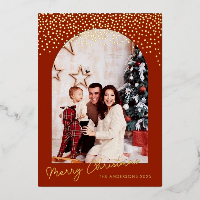 Merry Christmas Arch Gold Foil Photo  Foil Holiday Card (Front)