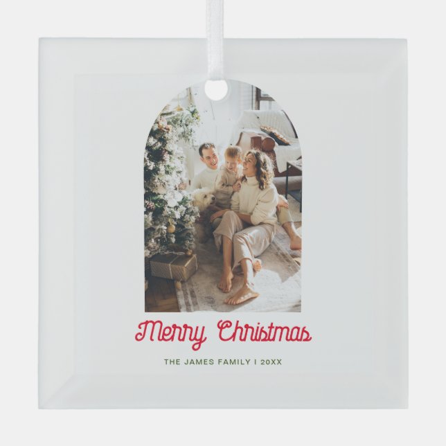 Merry Christmas Arch Photo Family  Glass Ornament (Front)