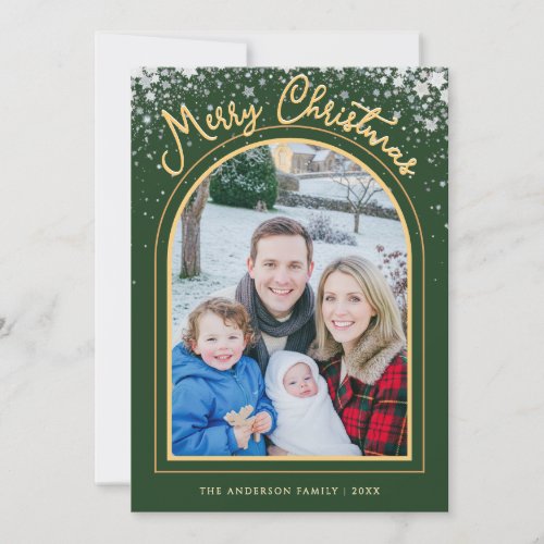 Merry Christmas Arch Photo Green Gold Personalized Holiday Card