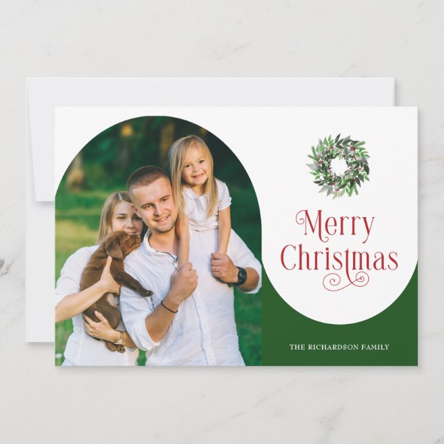 Merry Christmas Arch Photo Message Green Holiday Card (Front)