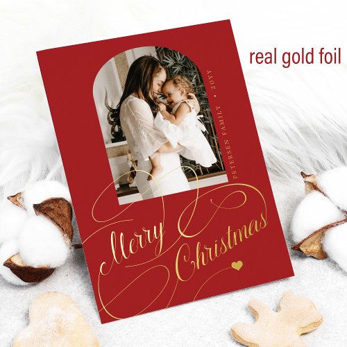 Merry Christmas arch photo real gold Foil Holiday Card