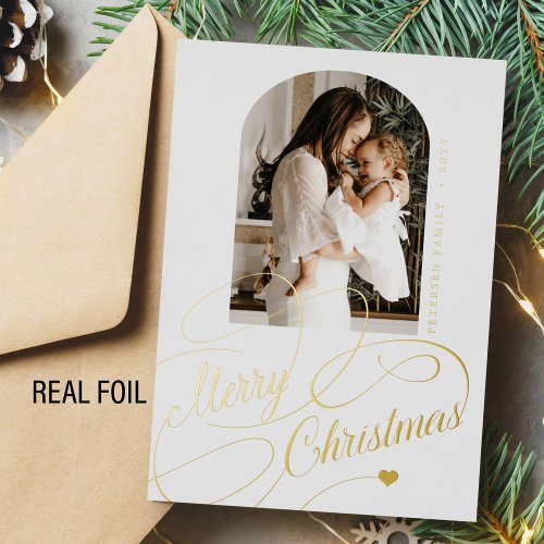 Merry Christmas arch photo real gold Foil Holiday Card