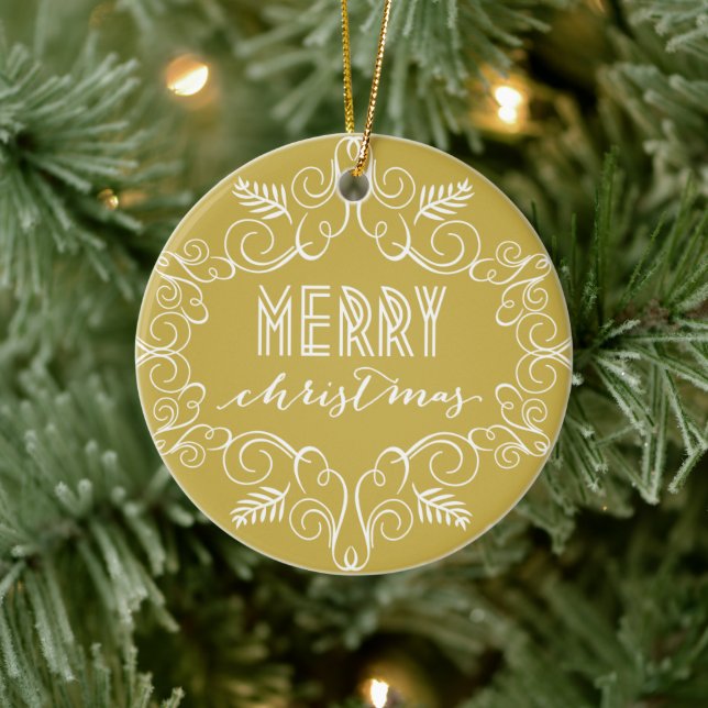 Merry Christmas Art Deco Frame Gold Holiday Photo Ceramic Ornament (Tree)