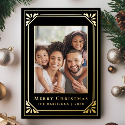 Merry Christmas Art Deco Photo Black Gold Foil Holiday Card