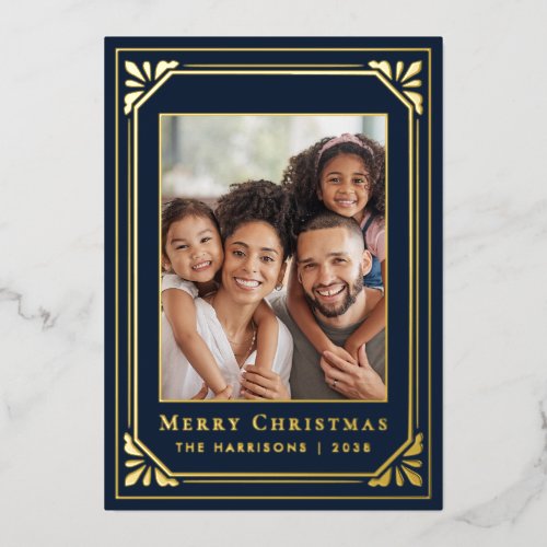 Merry Christmas Art Deco Photo Blue Gold Foil Holiday Card