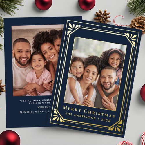 Merry Christmas Art Deco Photo Blue Gold Foil Holiday Card