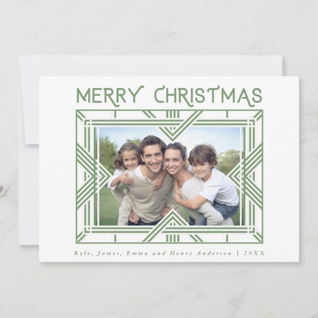 Merry Christmas Art Deco Photo Frame Green Holiday Card (Front)