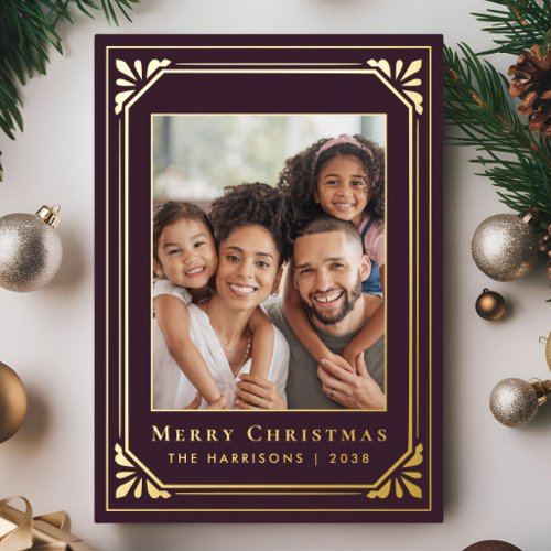 Merry Christmas Art Deco Photo Gold Foil Holiday Card