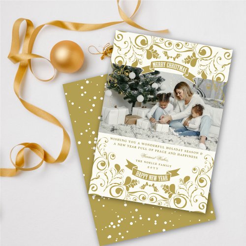 Merry Christmas Art Nouveau Floral Flourish Photo Holiday Card