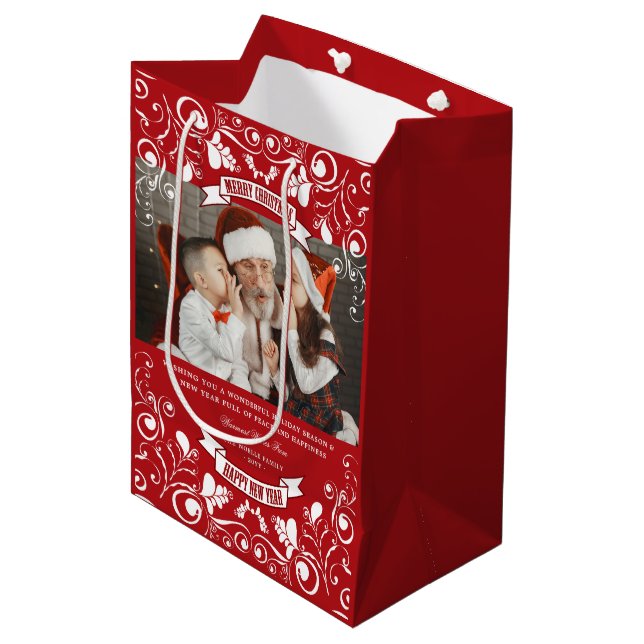 Merry Christmas Art Nouveau Floral Flourish Photo Medium Gift Bag (Front Angled)