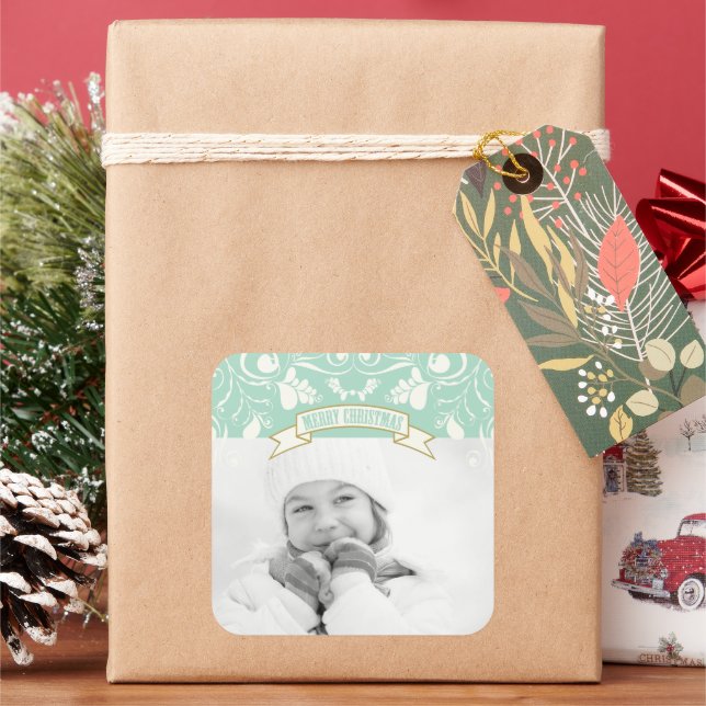 Merry Christmas Art Nouveau Floral Flourish Photo Square Sticker (Holiday)