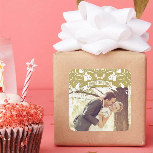 Merry Christmas Art Nouveau Floral Flourish Photo Square Sticker (Party)