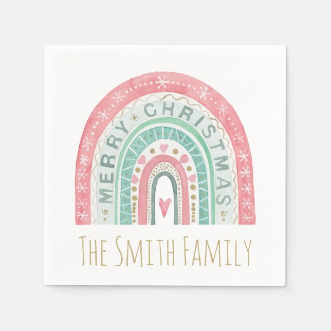 Merry Christmas Artisan Rainbow Family NAME Heart Napkins (Front)