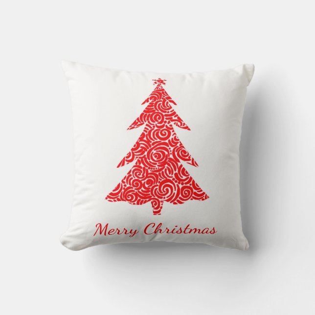 Merry Christmas, artistic red swirls tree, w/ star Throw Pillow (Front)