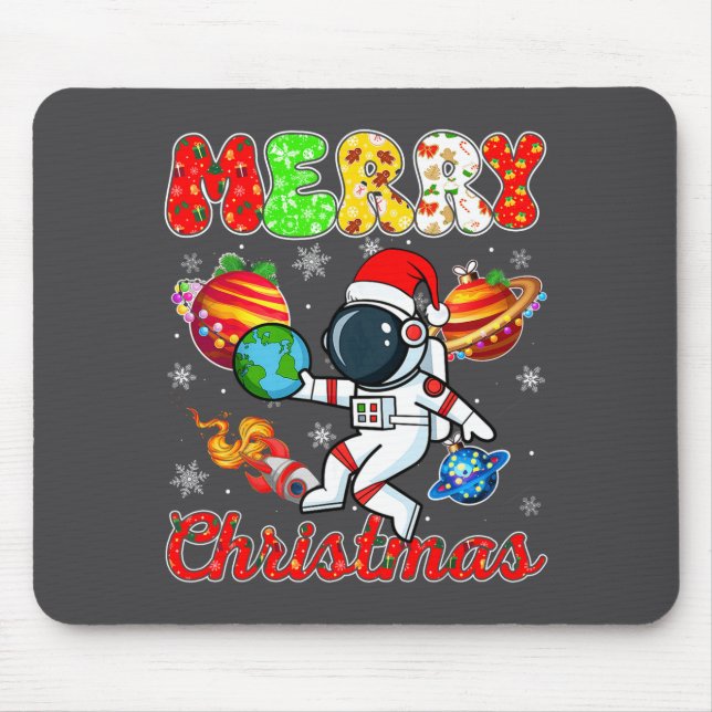 Merry Christmas Astronaut Santa Hat Snowflakes Tre Mouse Pad (Front)
