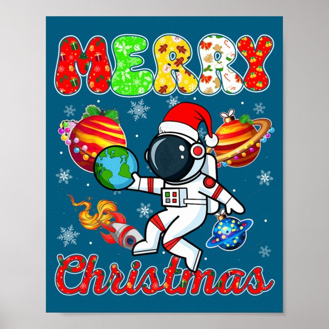 Merry Christmas Astronaut Santa Hat Snowflakes Tre Poster (Front)