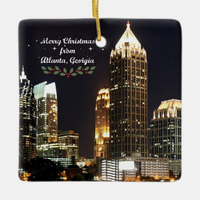 Merry Christmas, Atlanta, Georgia Skyline Ceramic Ornament (Front)