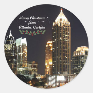 "Merry Christmas," Atlanta, Georgia Skyline Classic Round Sticker