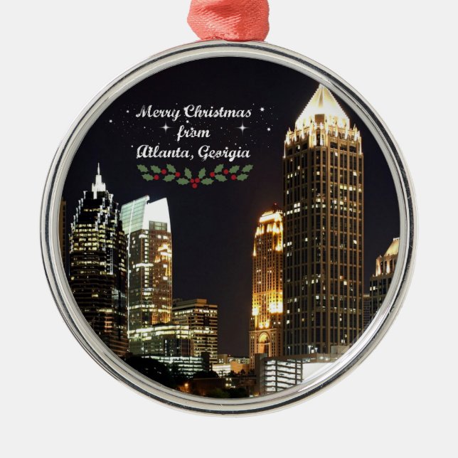 Merry Christmas, Atlanta, Georgia Skyline Metal Ornament (Front)